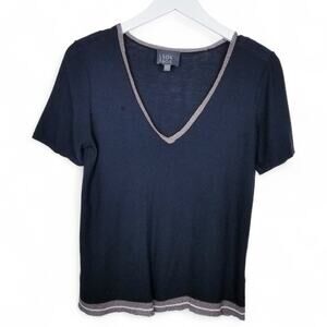 LEO & SAGE Deep V-neck Cotton Blend Knit Top w/ Gold Hem & Trim - Size S